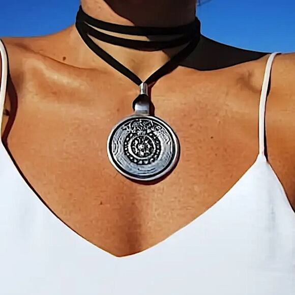 Boho Silver Statement Tribal Choker Necklace Disk - Picture 2 of 4